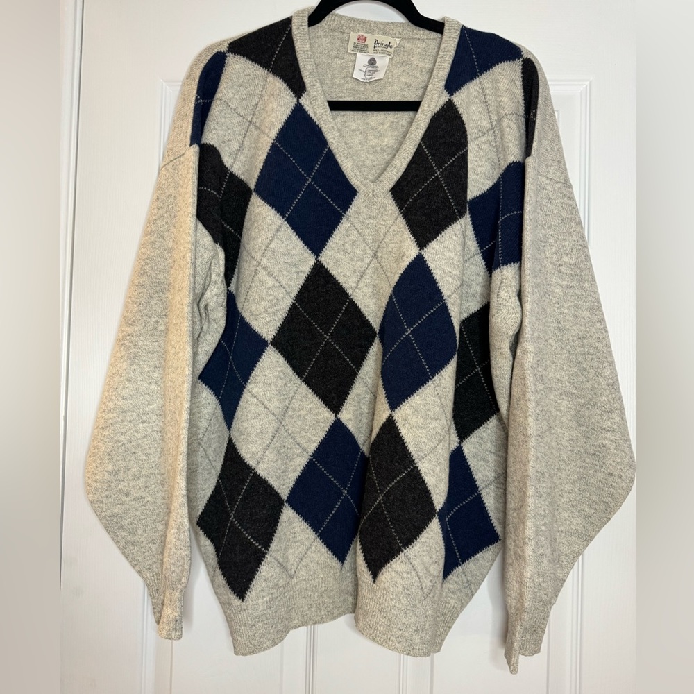 Vintage Pringle of Scotland 100% Lambswool Size XL Argyle Sweater